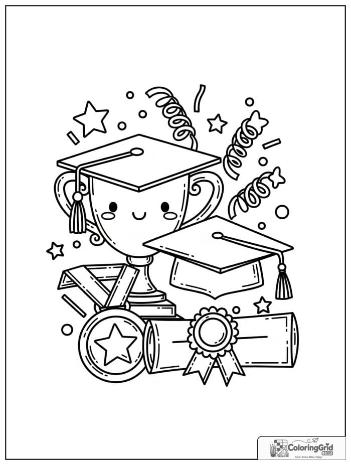 Graduation trophy and medal with cap and diploma.