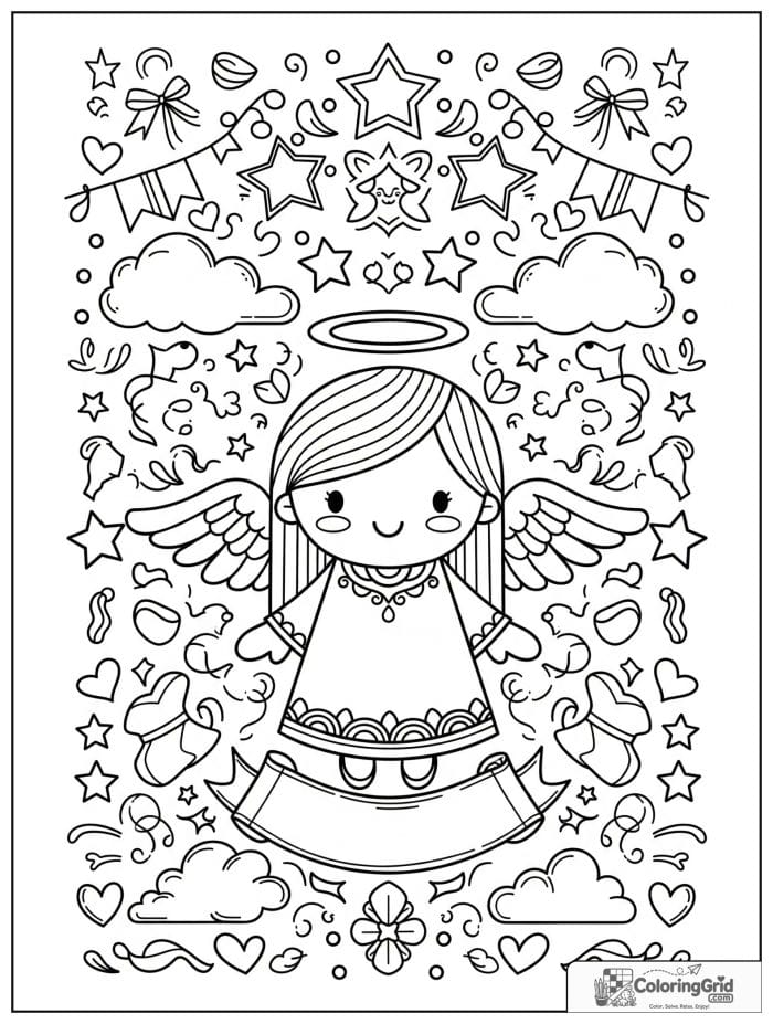 Central smiling angel with a festive decorative border.