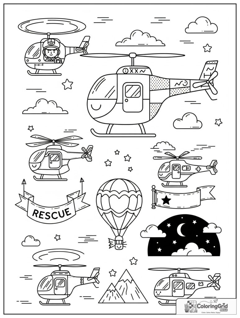Cute grand helicopter collage with many helicopter scenes and small star decorations.