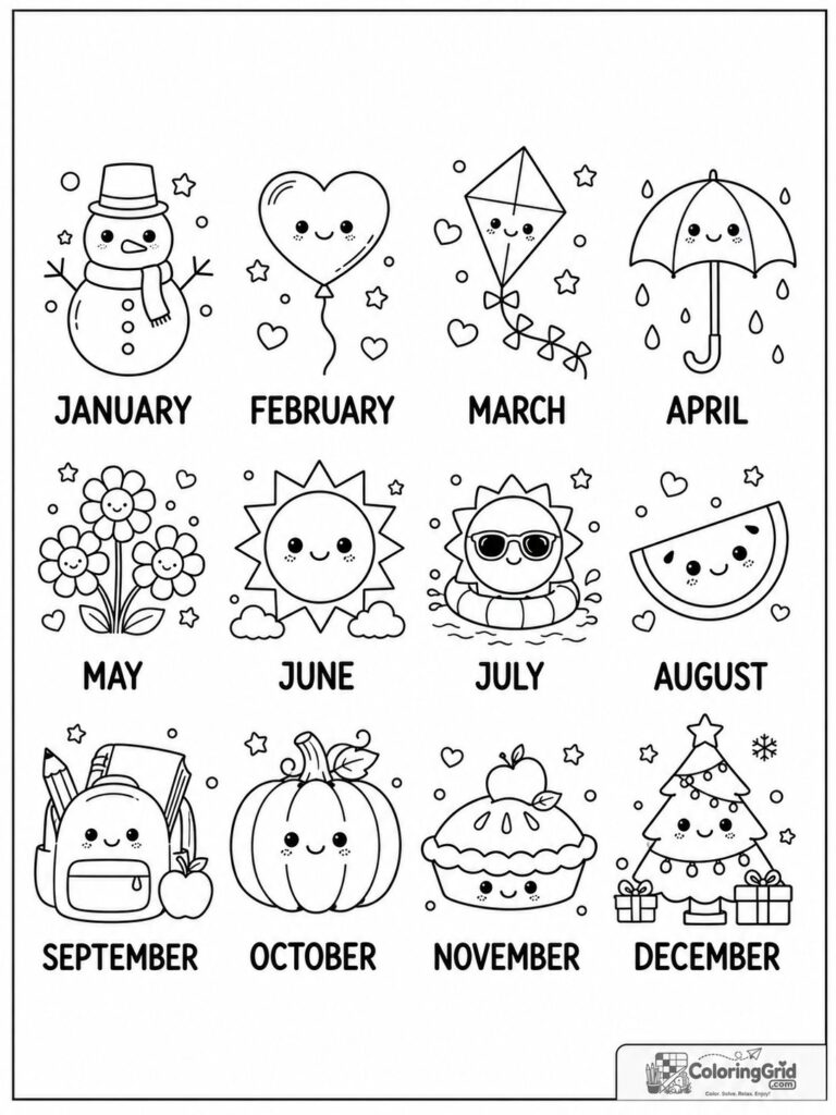 Cute grand collage of all twelve months with smiling themed icons.