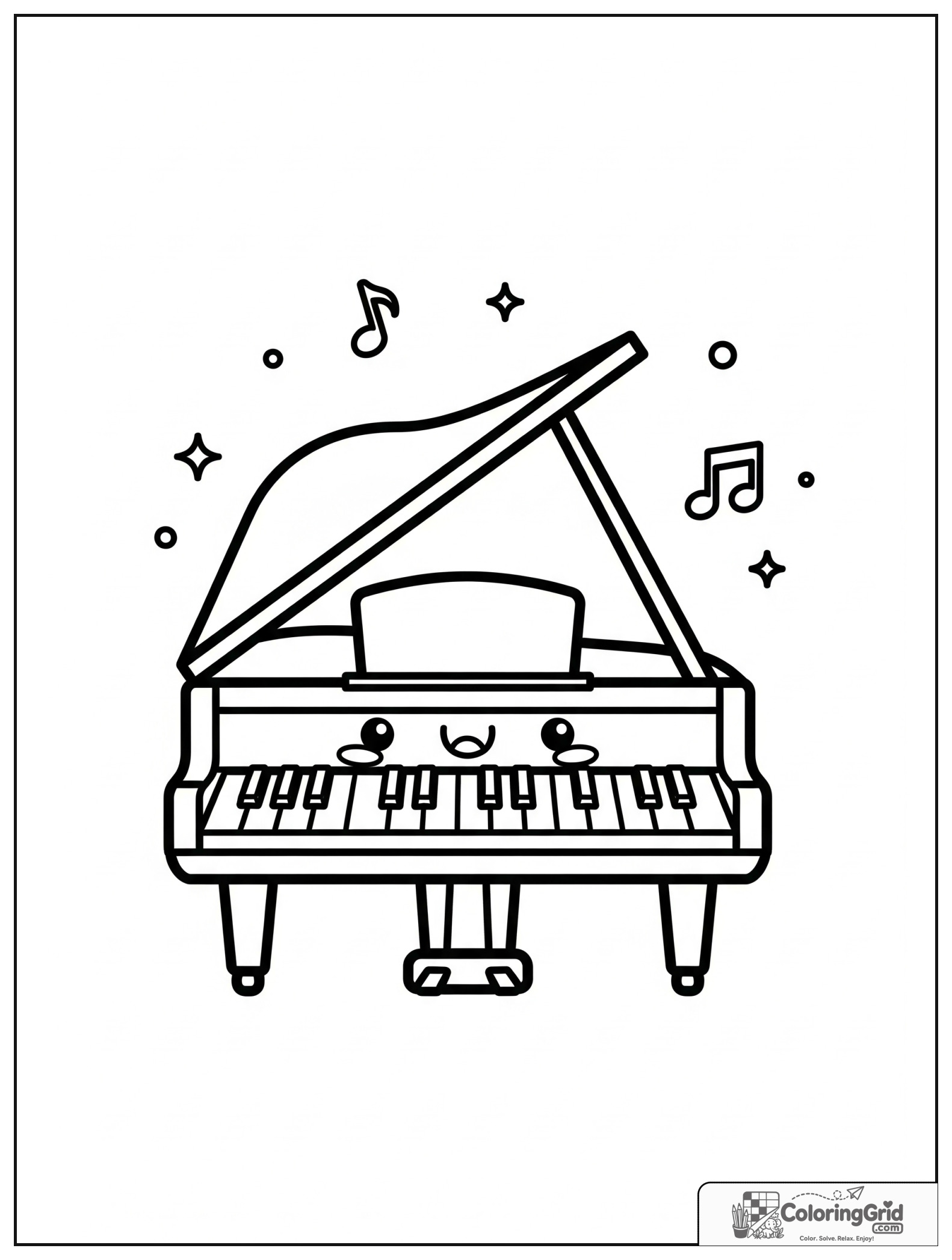 Cute smiling grand piano with small music note decorations.