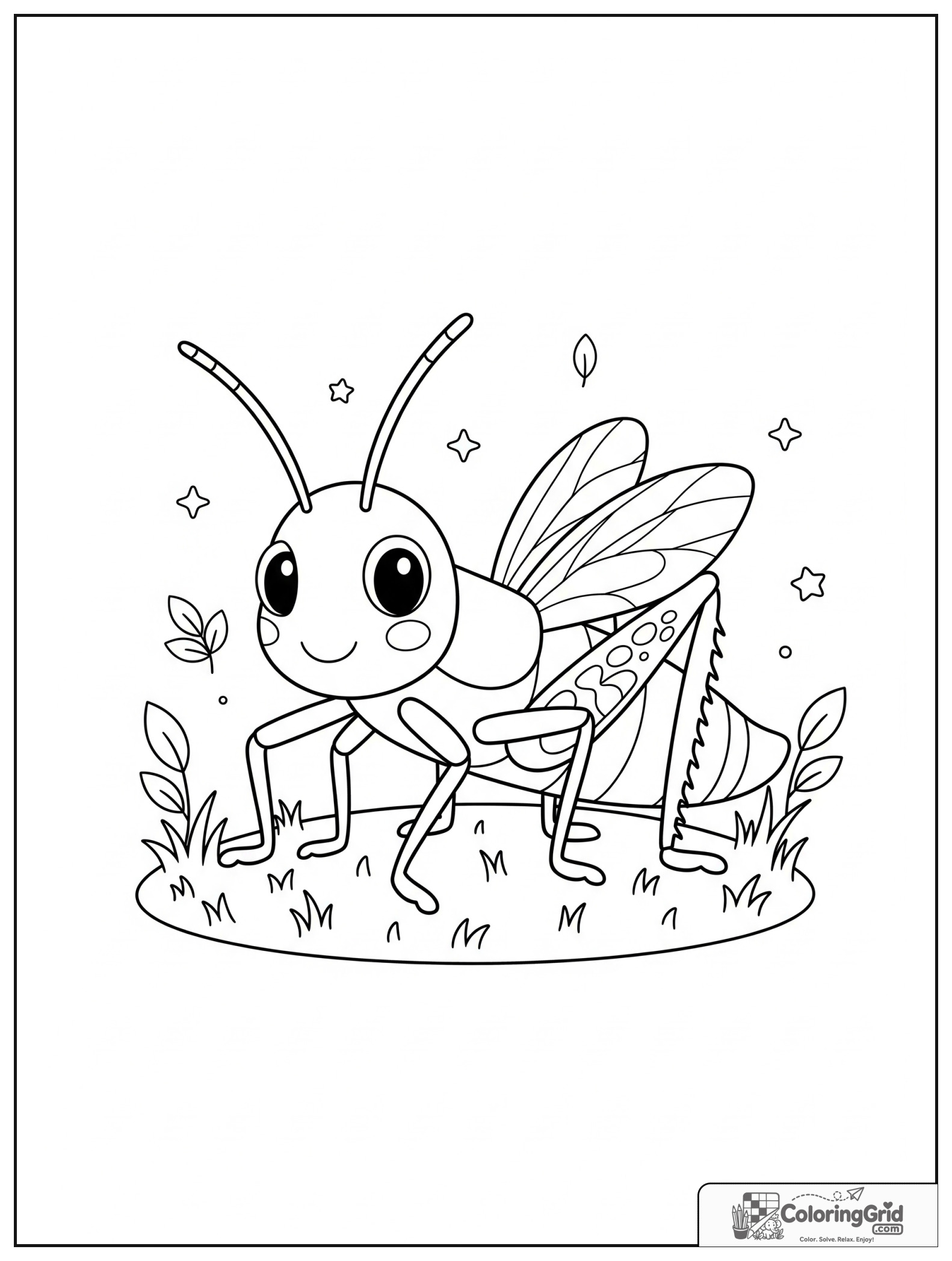 Cute grasshopper on grass with small leaf and star decorations.