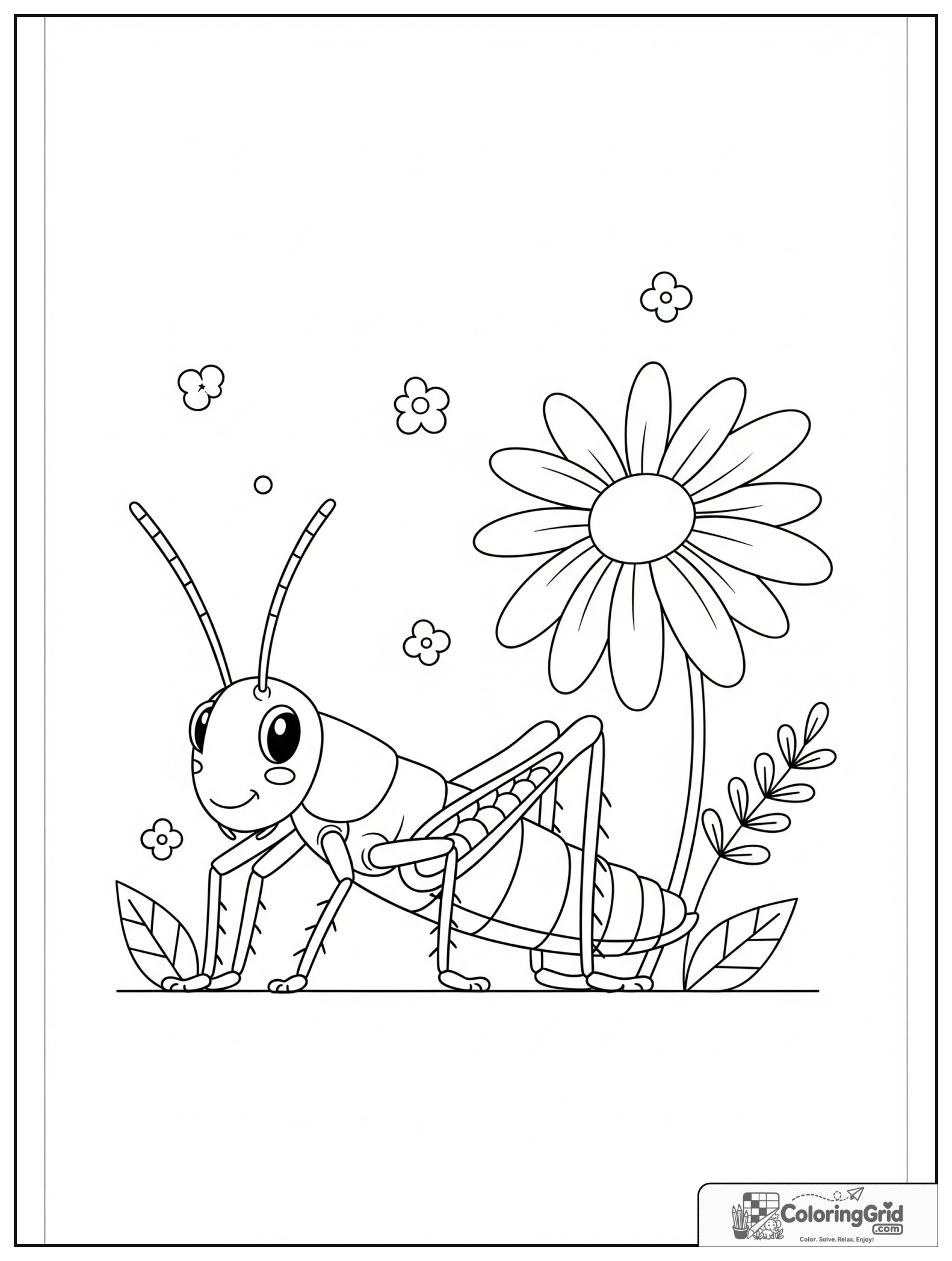 Cute grasshopper with a daisy and small flower decorations.