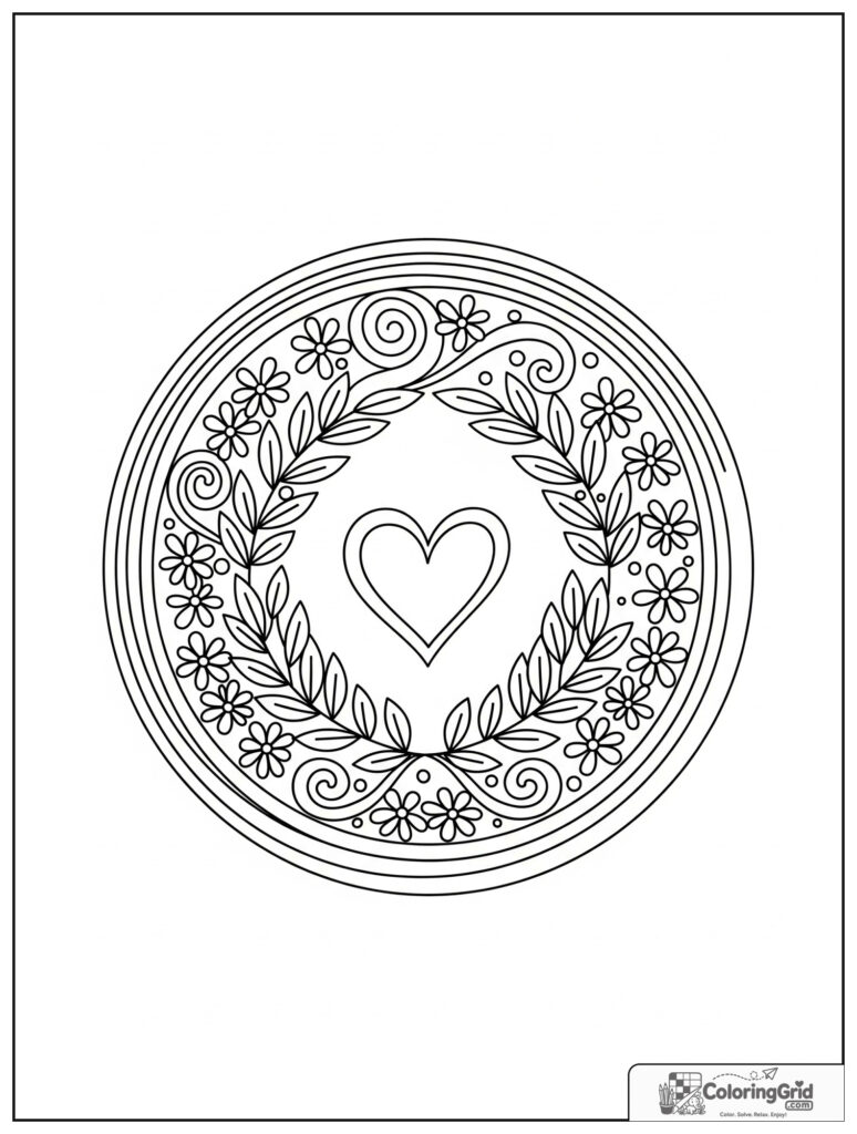 Gratitude heart mindfulness mandala with zentangle swirls and flowers