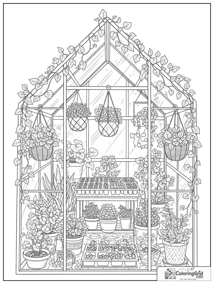 Garden coloring page featuring plants inside a greenhouse.