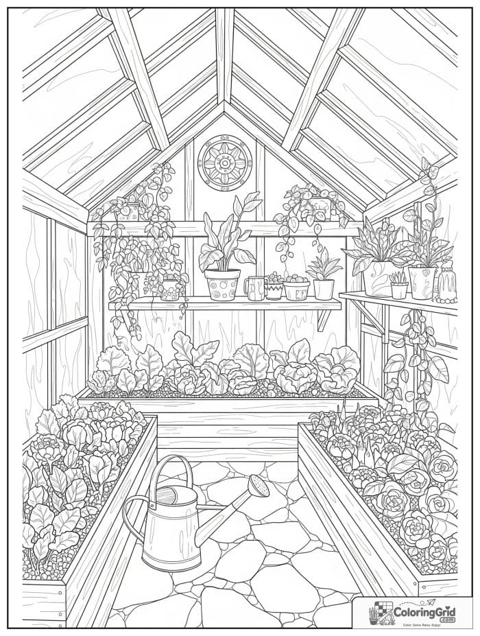 Vegetable coloring page featuring vegetables growing inside a greenhouse.