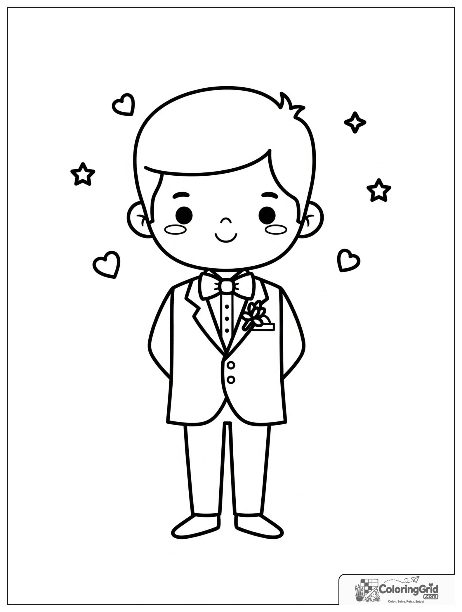 Cute groom in a tuxedo with small star and heart decorations.