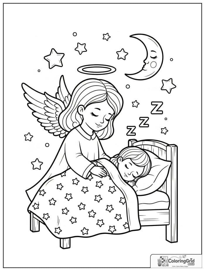 Guardian angel watching over a sleeping child.