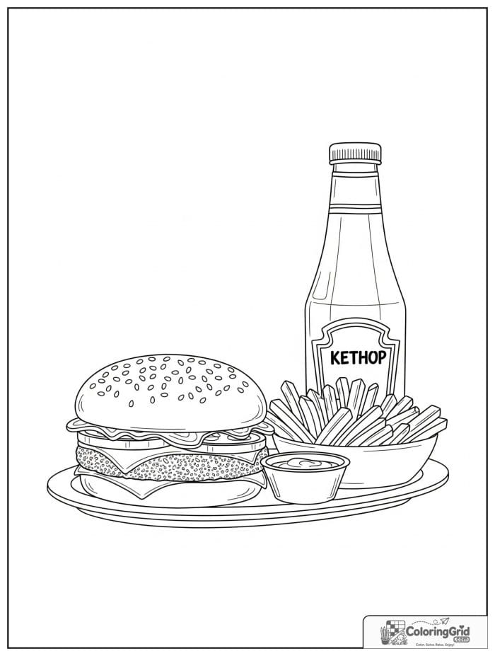 Hamburger with ketchup bottle for Hamburger Coloring Pages