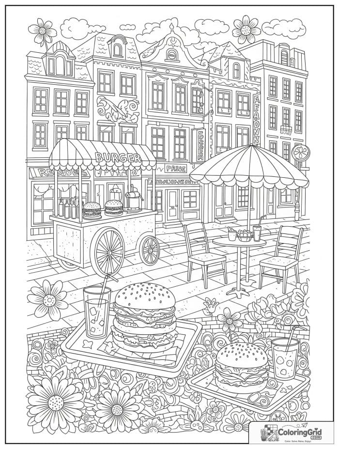 Hamburger city food scene for Hamburger Coloring Pages