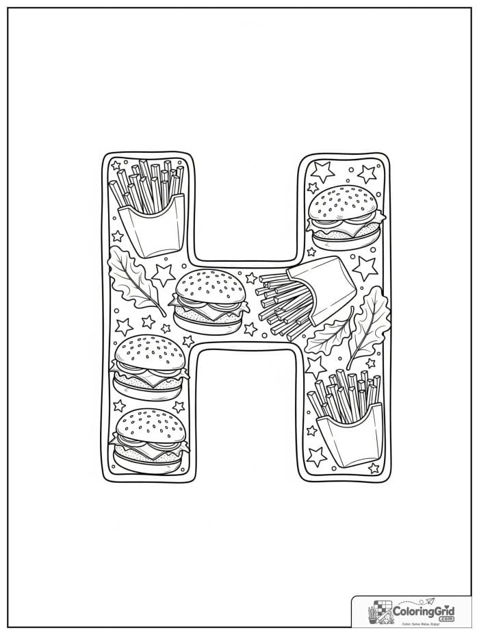 Letter H with hamburgers for Hamburger Coloring Pages