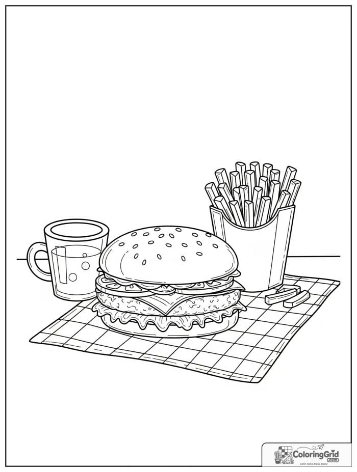 Hamburger on checkered table for Hamburger Coloring Pages