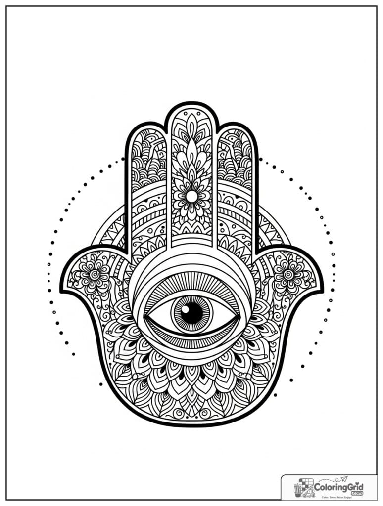 Hamsa inspired sacred geometry mandala with floral zentangle doodles