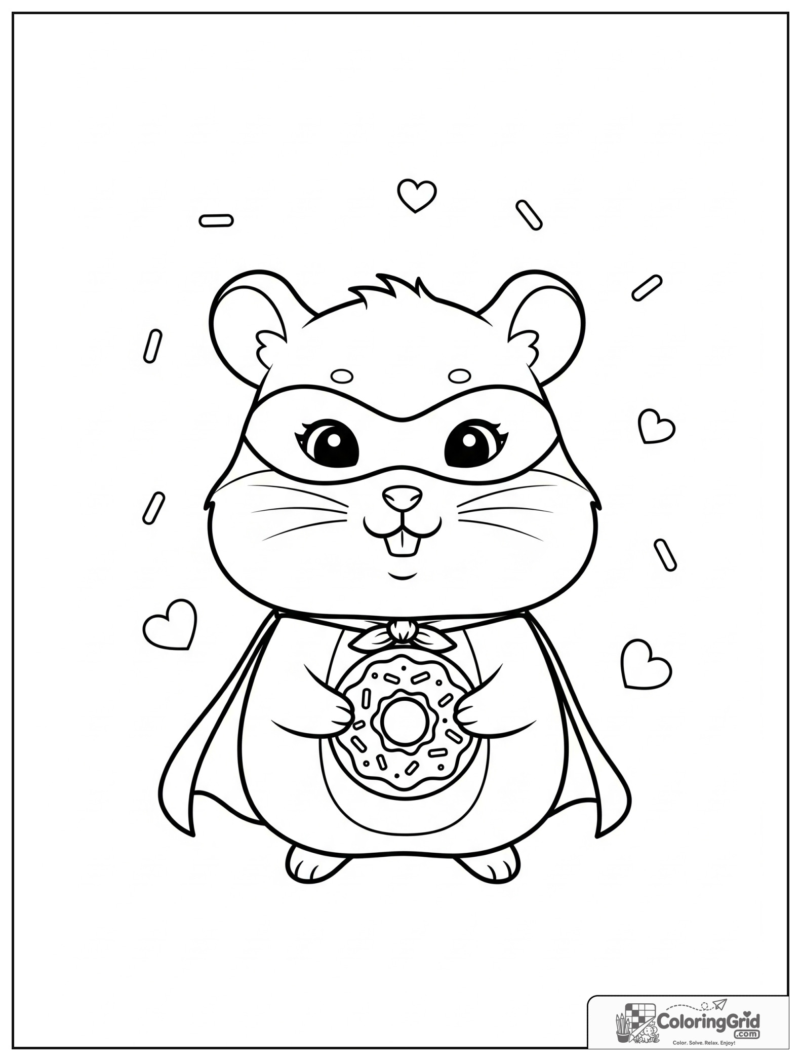 Cute hamster superhero holding a donut with small sprinkle and heart details.