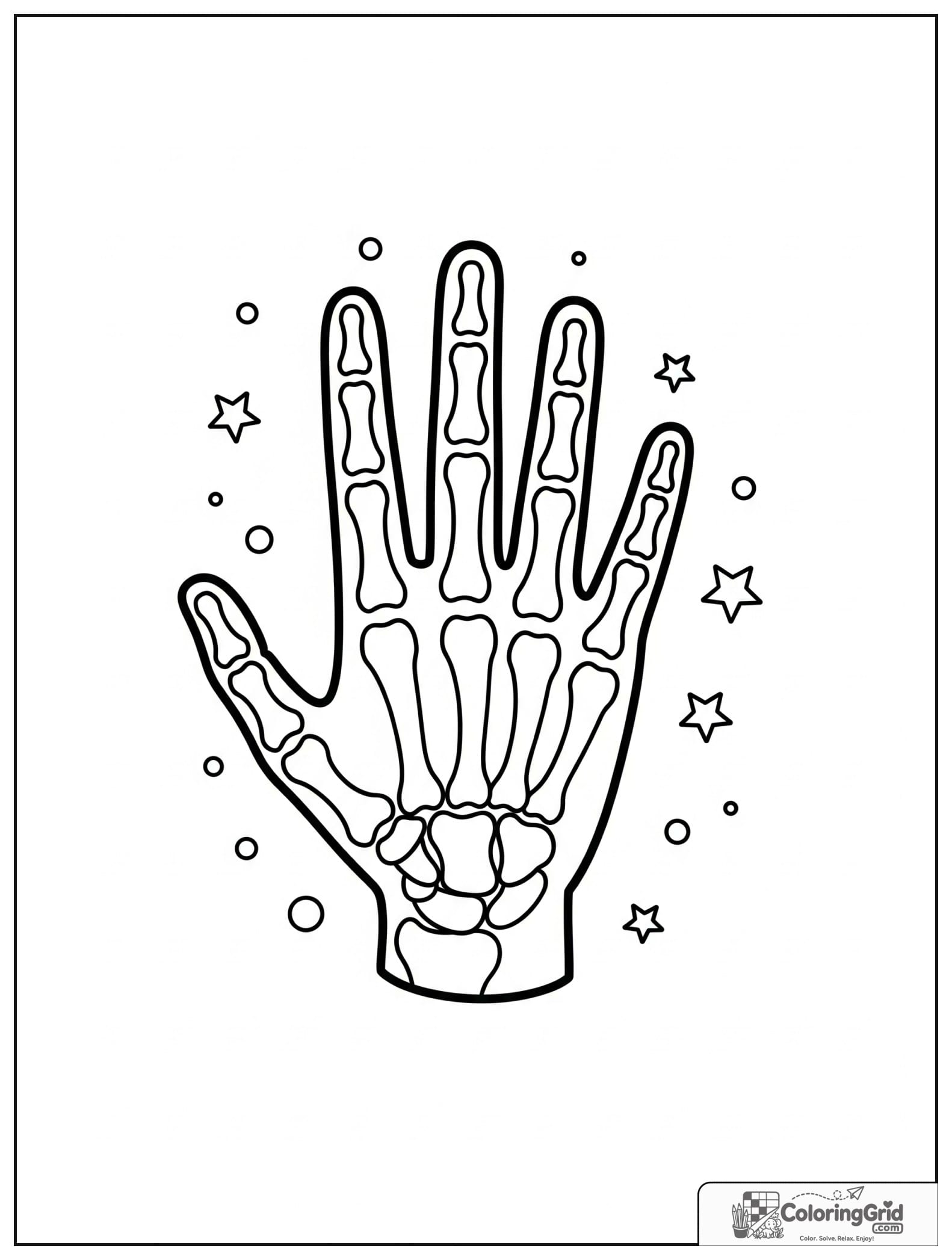 Cute hand bones and palm diagram with small dot details.