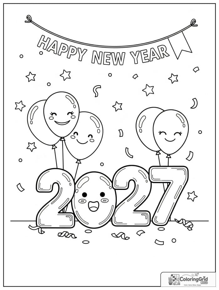 Happy 2027 New Year design with balloons, stars, and confetti.