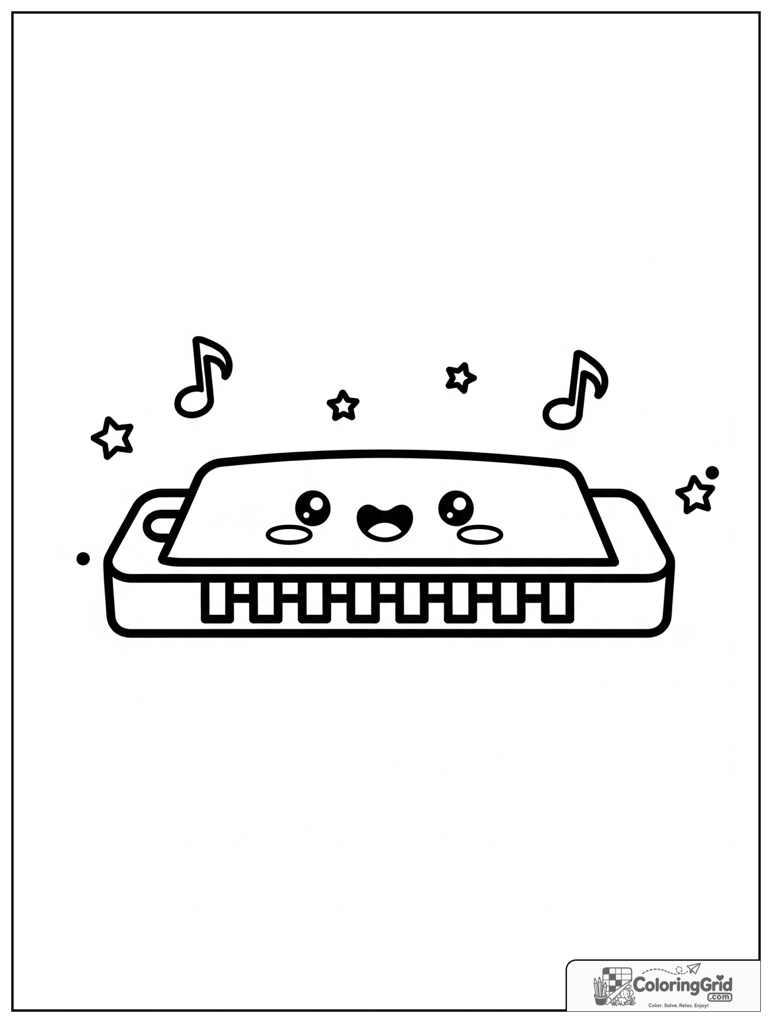 Cute smiling harmonica with small music note and star decorations.