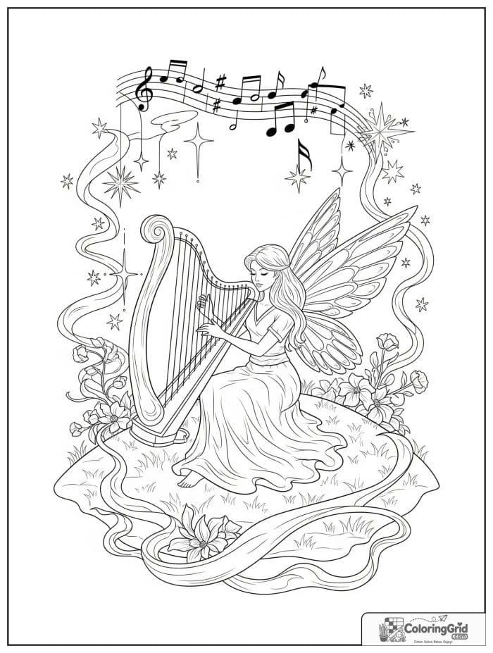 Fairy coloring page featuring a fairy playing a harp.