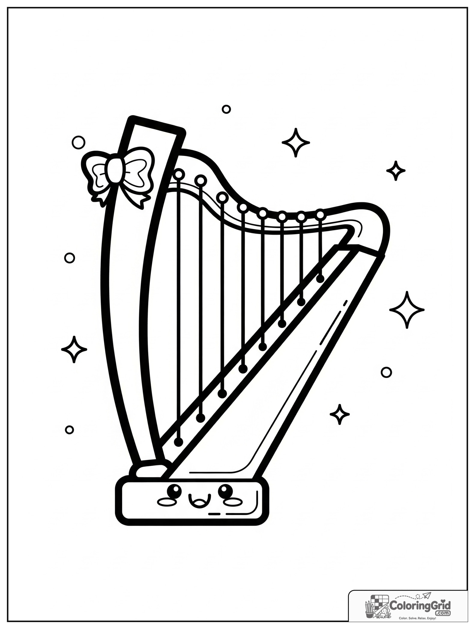 Cute smiling harp with small star and sparkle decorations.
