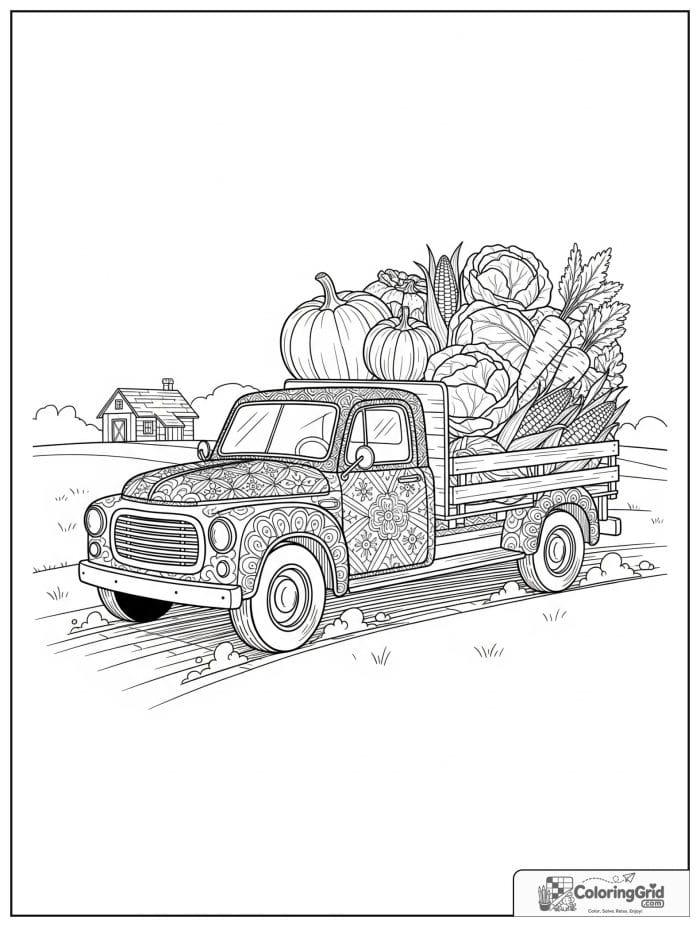Vegetable coloring page featuring a farm truck carrying harvested vegetables.
