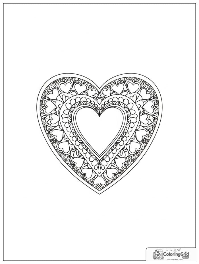 Mandala coloring page featuring heart-shaped floral petals.