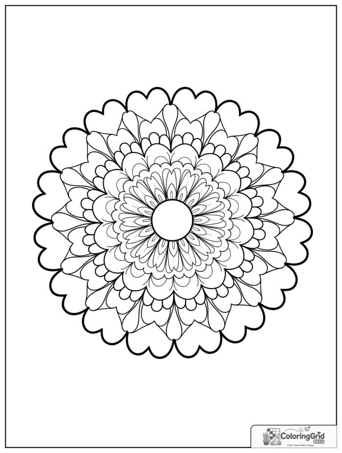 Easy mandala coloring page featuring heart-shaped petals.