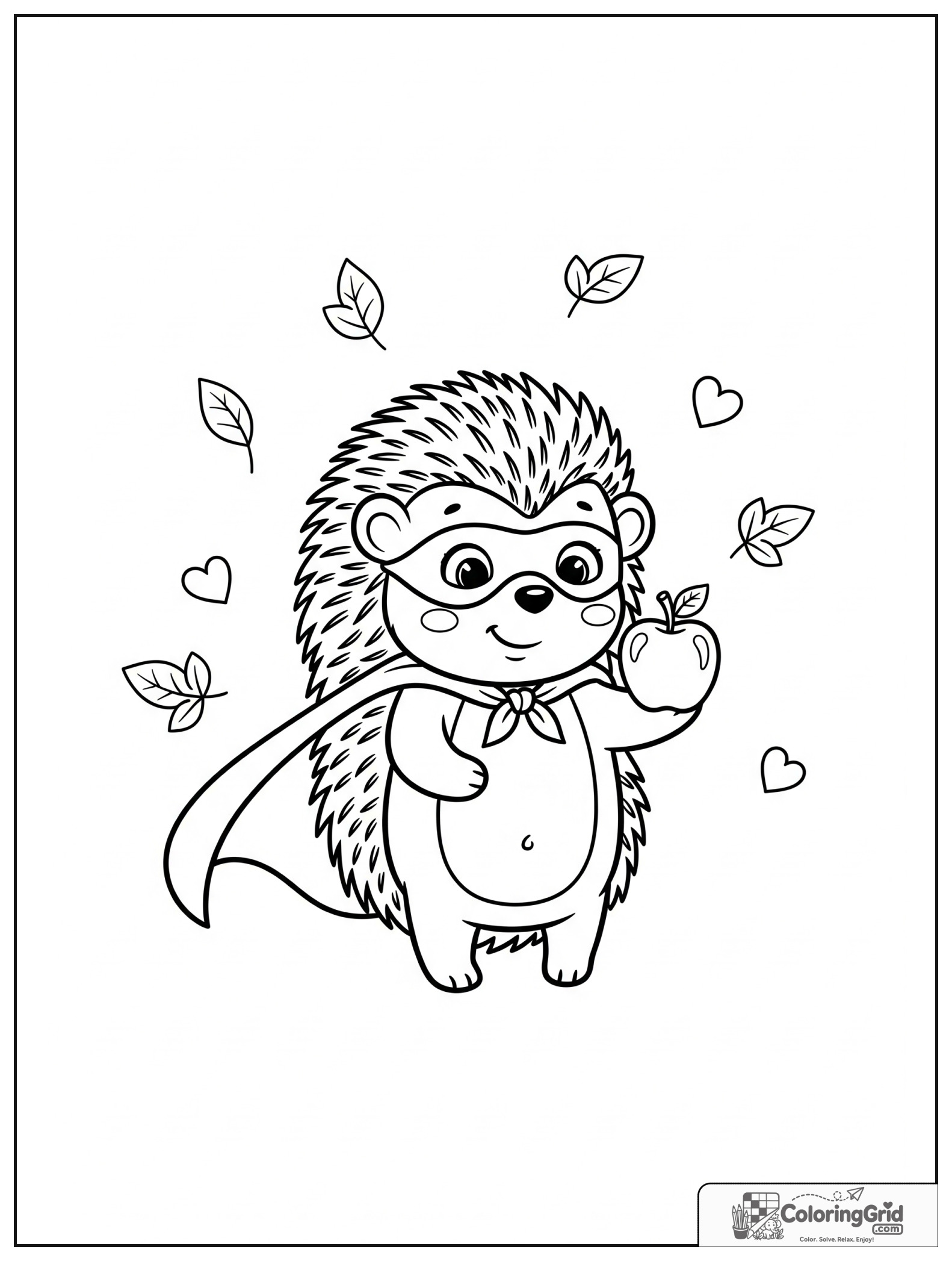 Cute hedgehog superhero holding an apple with small leaf and heart details.
