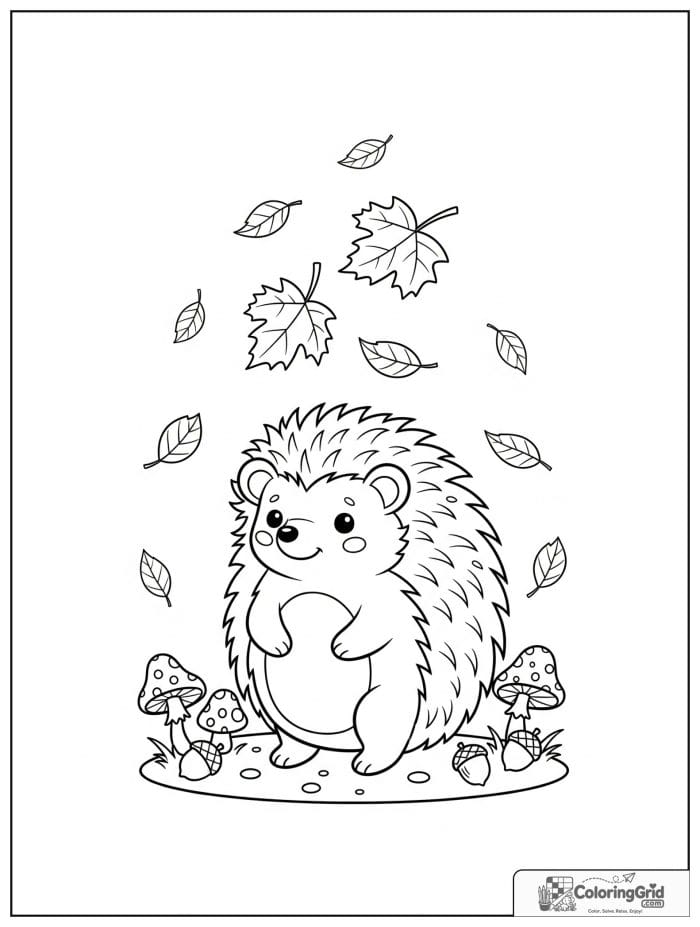 Autumn Leaves Coloring Pages featuring a hedgehog under falling leaves.