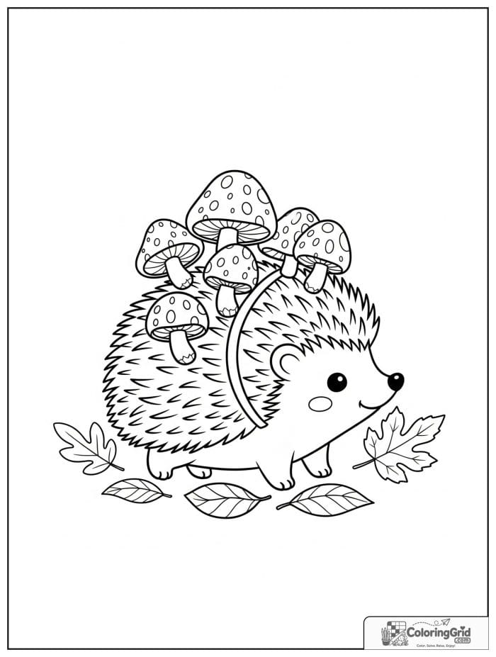 Fall Coloring Pages featuring a hedgehog with mushrooms and leaves.