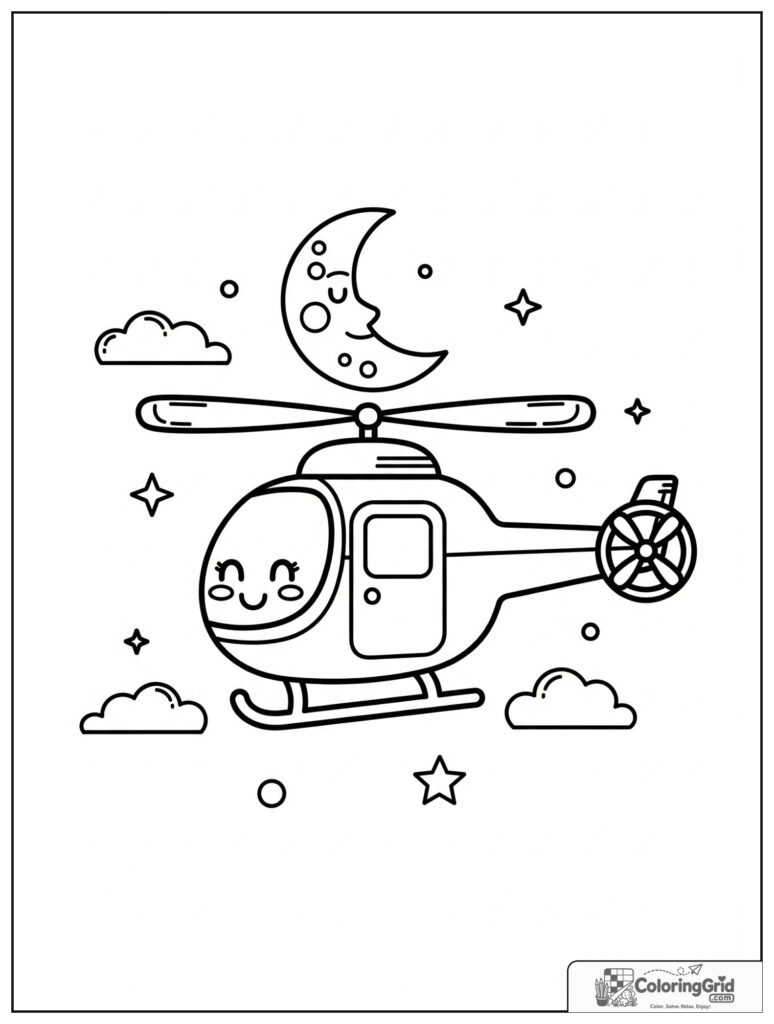 Cute helicopter at night with a moon and small star decorations.
