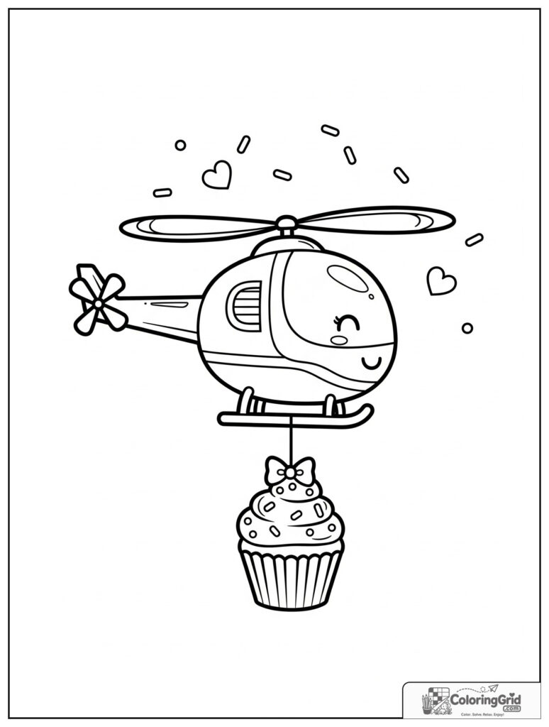 Cute helicopter carrying a cupcake with small sprinkle decorations.