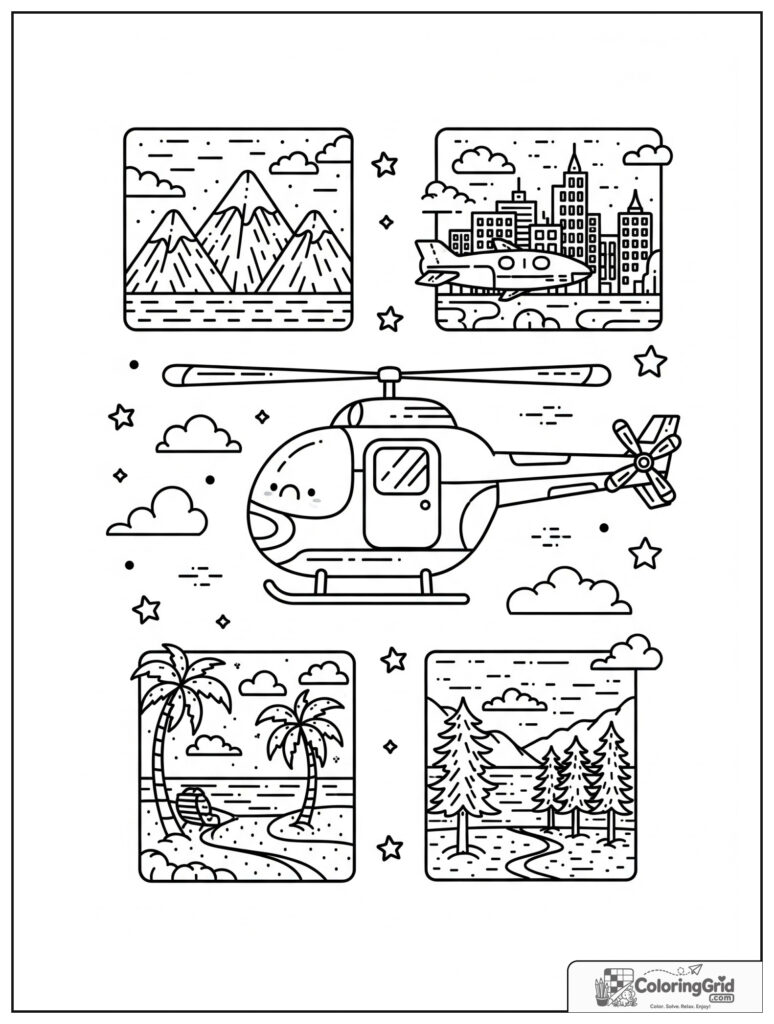 Cute helicopter collage with small flight scene sections and star decorations.