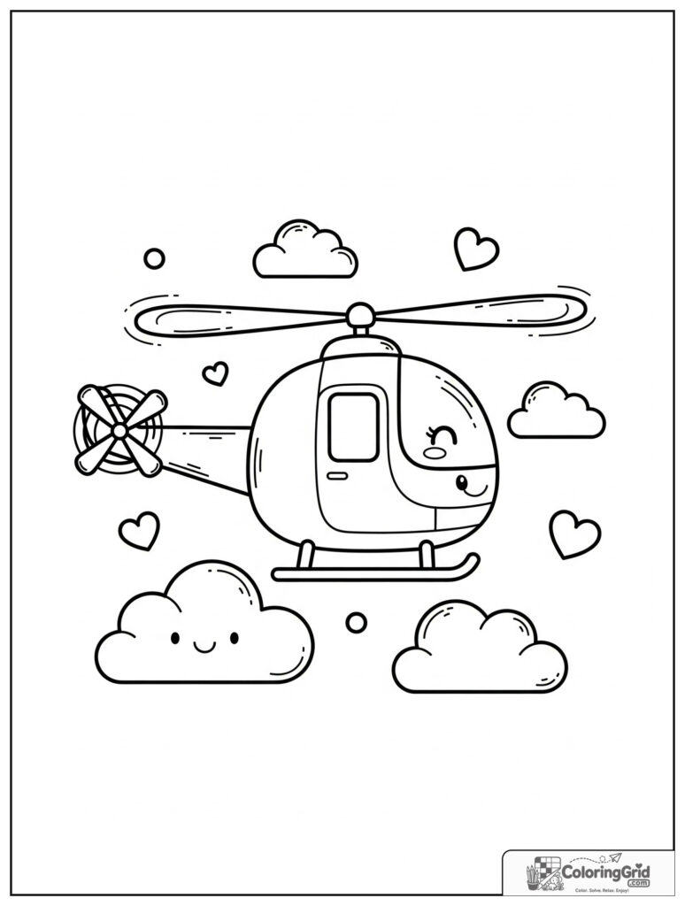 Cute helicopter flying over clouds with small heart decorations.