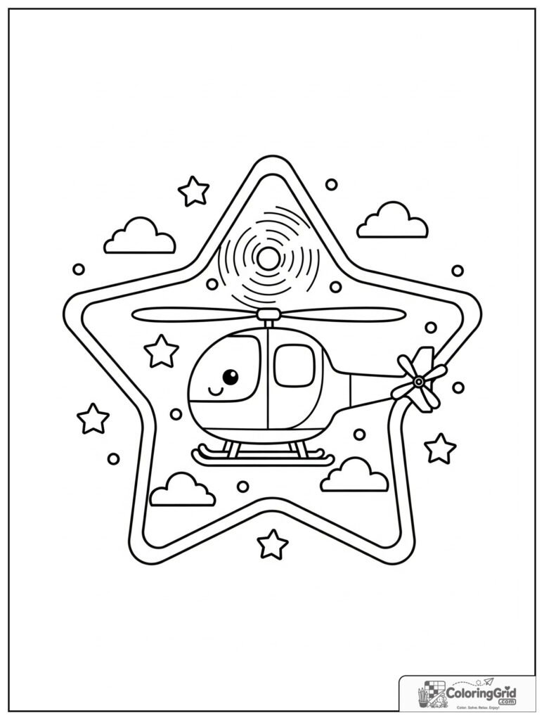 Cute helicopter in a star frame with small cloud decorations.