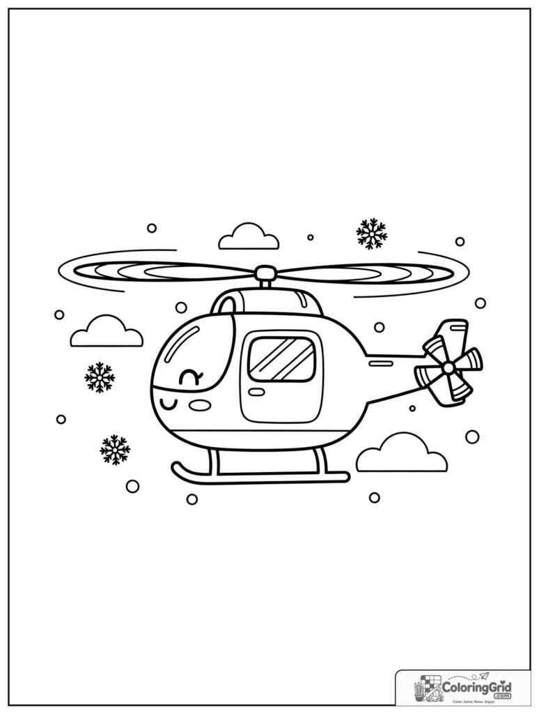 Cute helicopter in a winter sky with small snowflake decorations.