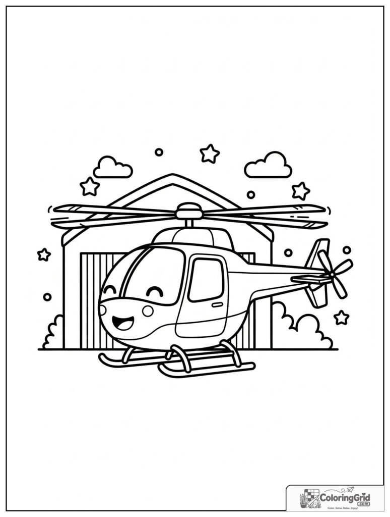 Cute helicopter near a hangar with small cloud decorations.