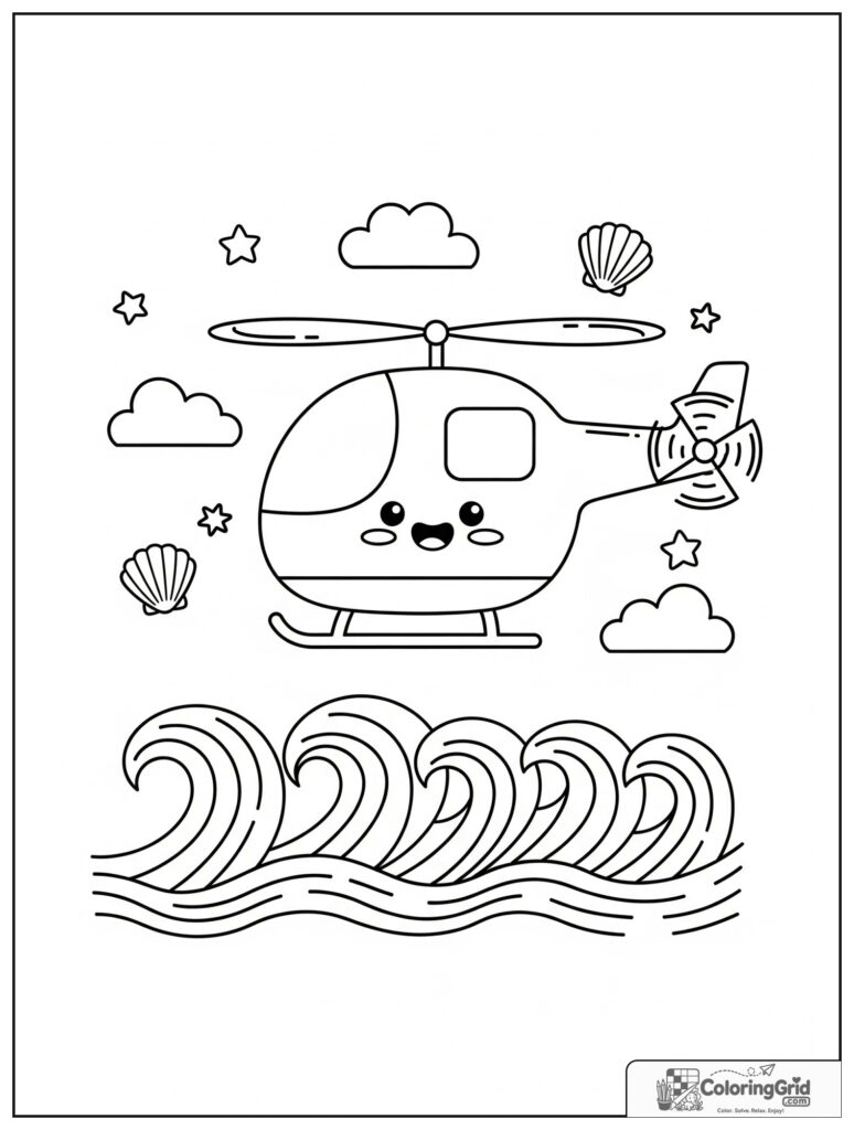 Cute helicopter over a beach with small shell and cloud decorations.