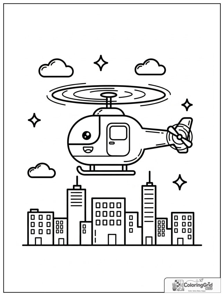 Cute helicopter over a city skyline with small sparkle decorations.