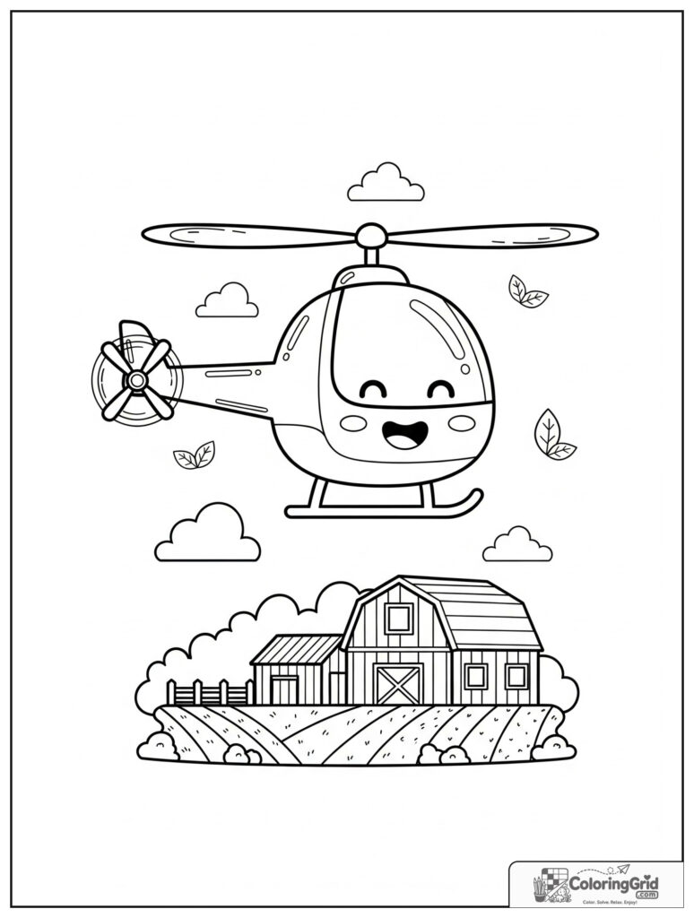 Cute helicopter over a farm with small leaf and cloud decorations.