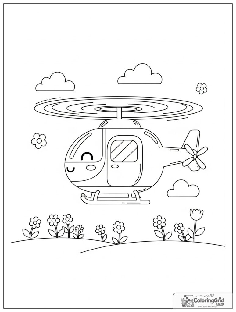 Cute helicopter over a flower field with small flower decorations.