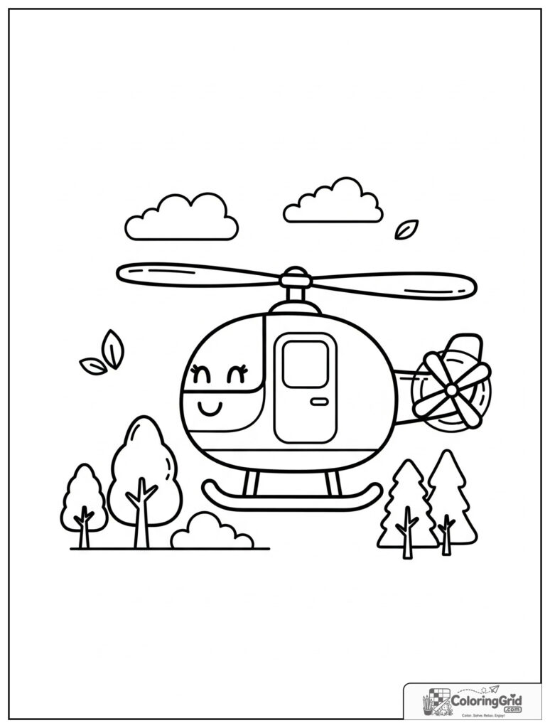 Cute helicopter over a forest with small leaf and cloud decorations.