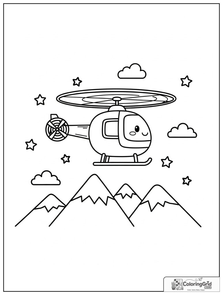 Cute helicopter flying over mountains with small cloud decorations.