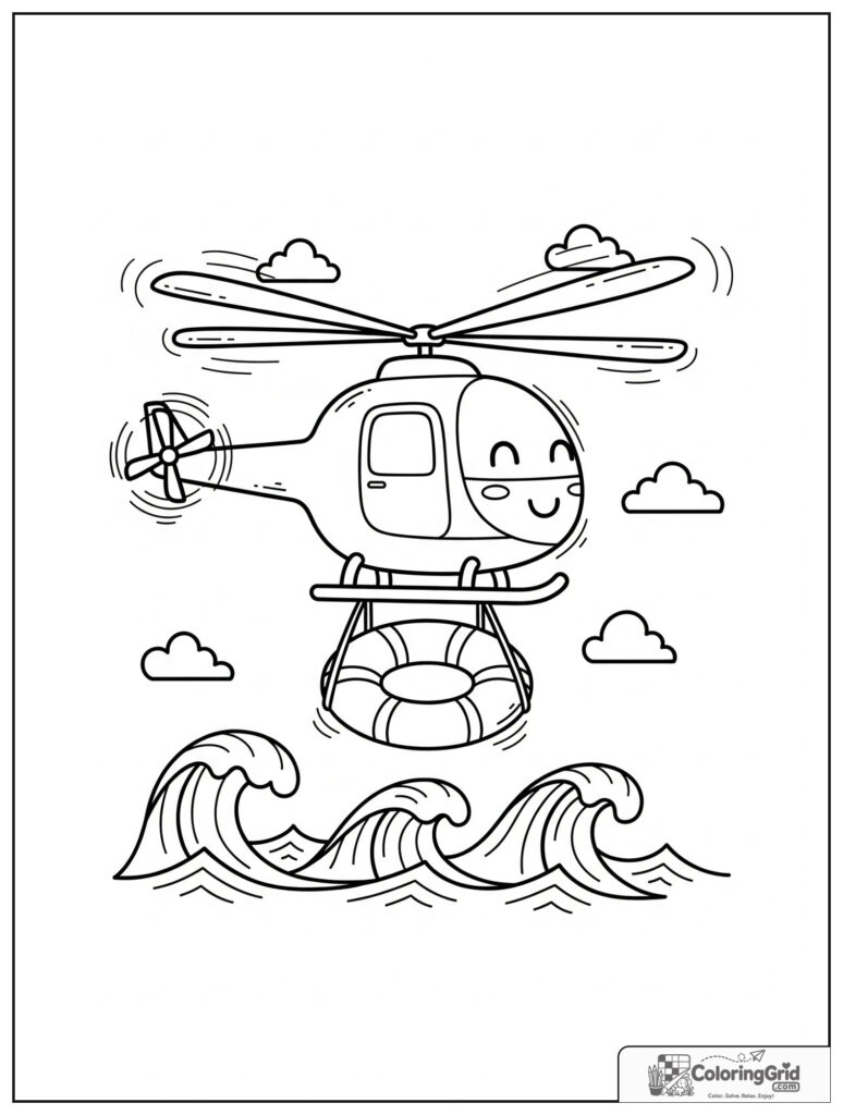 Cute helicopter over the ocean carrying a rescue ring with small wave decorations.