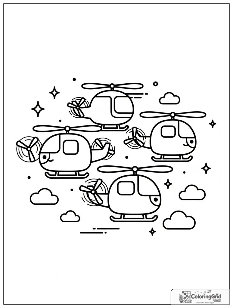 Cute helicopter parade scene with three helicopters and small cloud decorations.