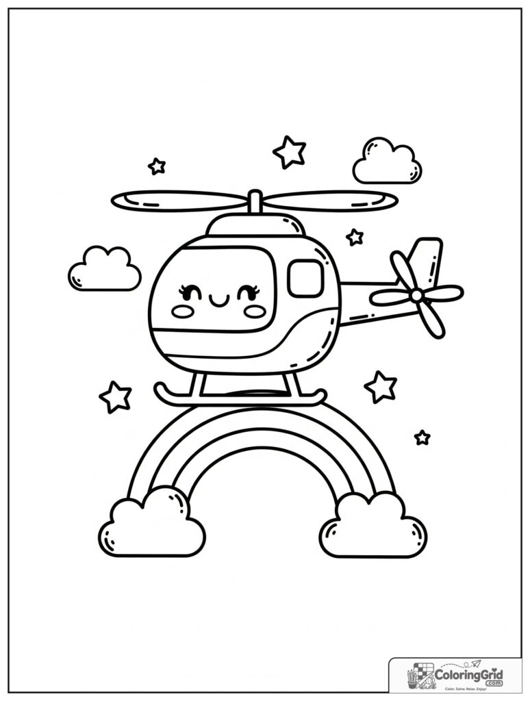 Cute helicopter under a rainbow with small cloud and star decorations.