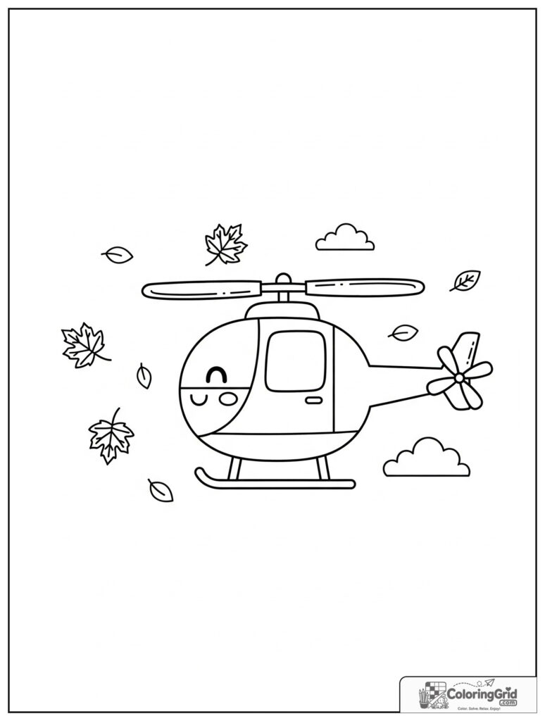 Cute helicopter with autumn leaves and small cloud decorations.