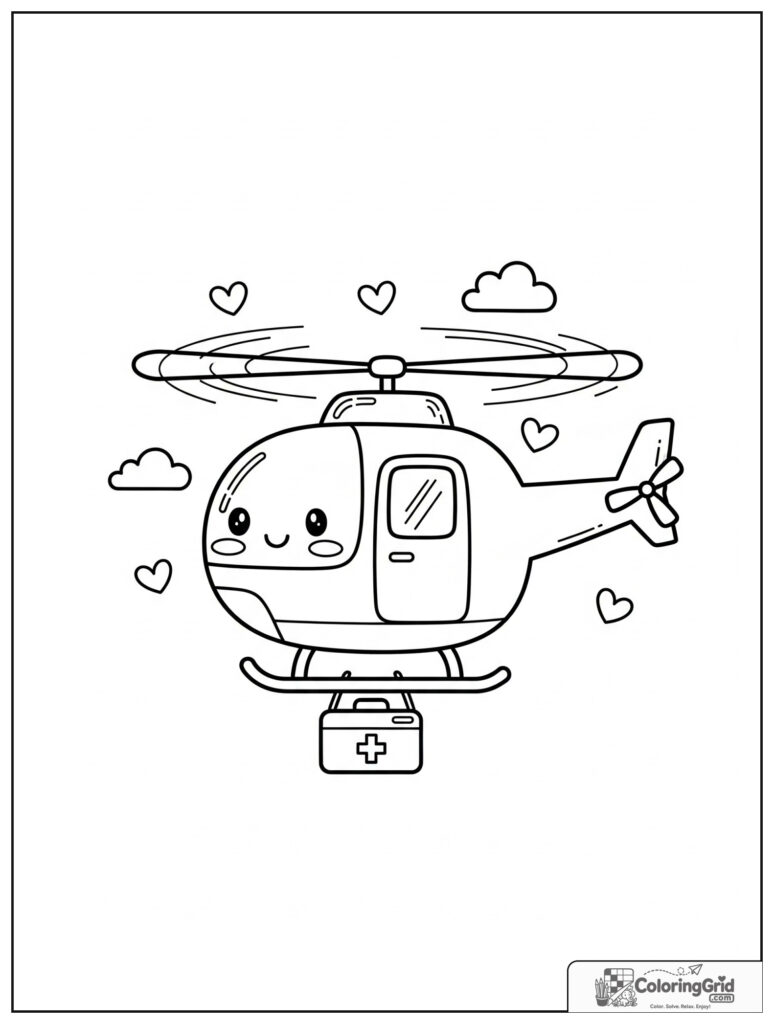 Cute helicopter carrying a medical kit with small heart decorations.