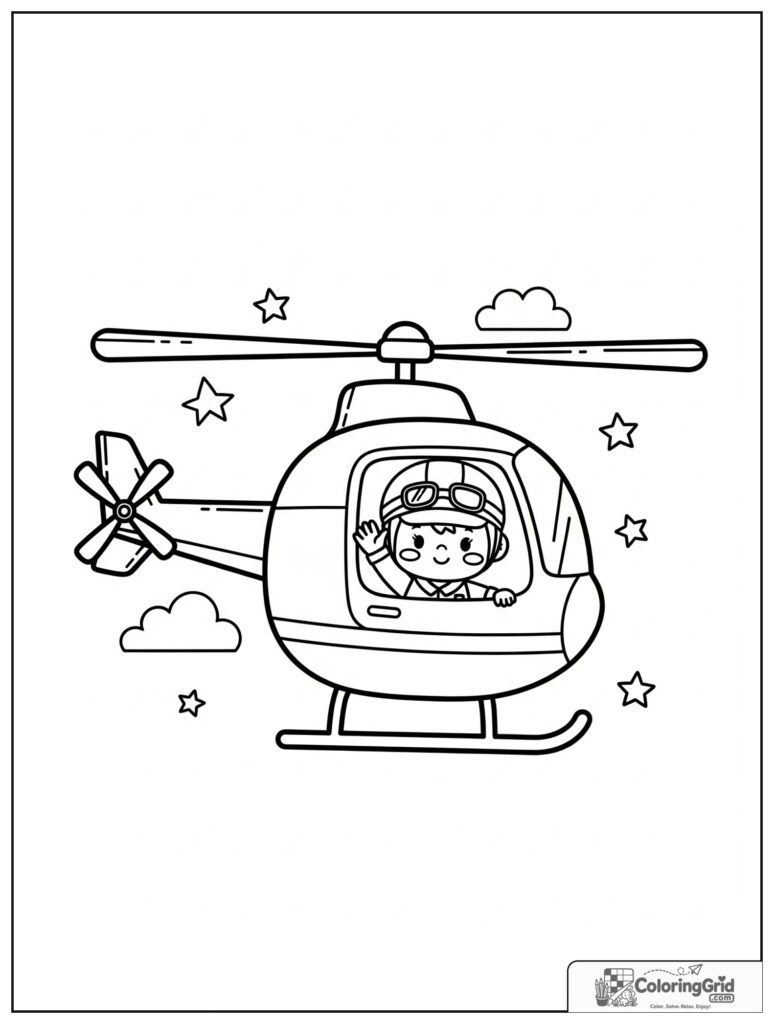 Cute helicopter with a pilot waving and small star decorations.