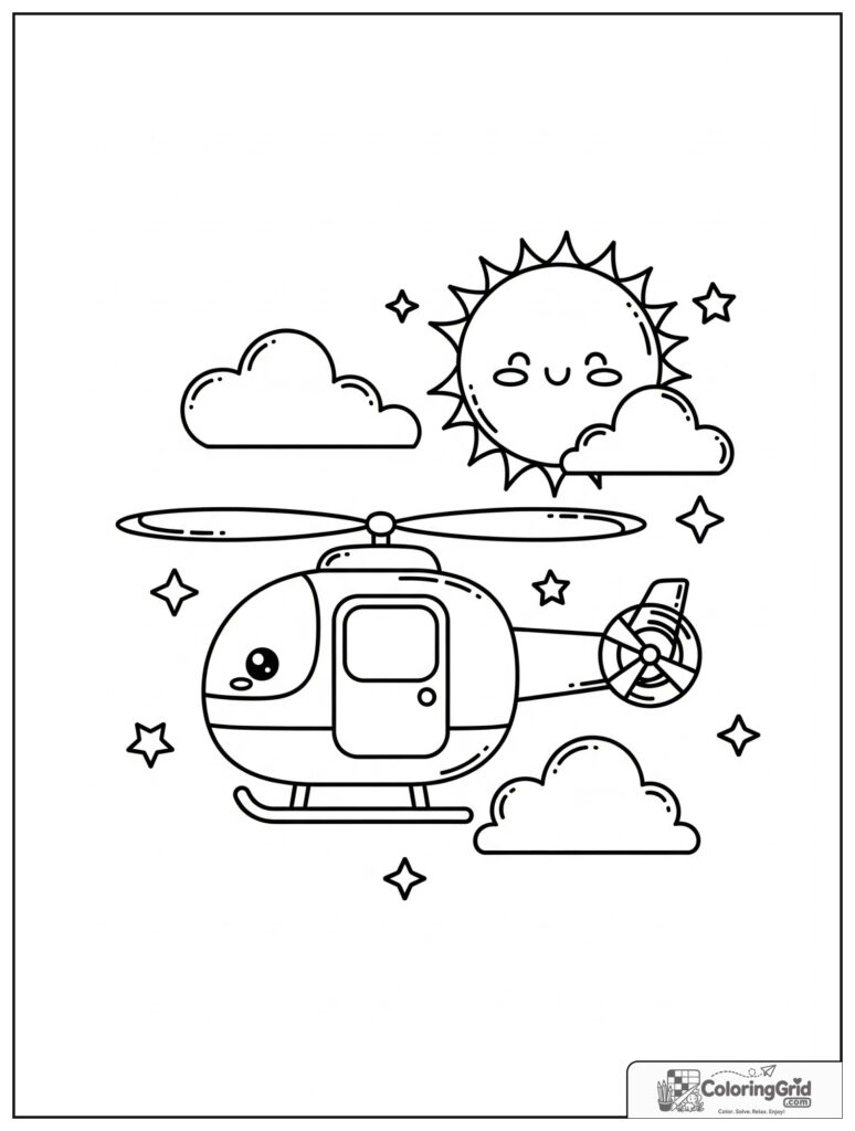 Cute helicopter with a sun and clouds and small star decorations.