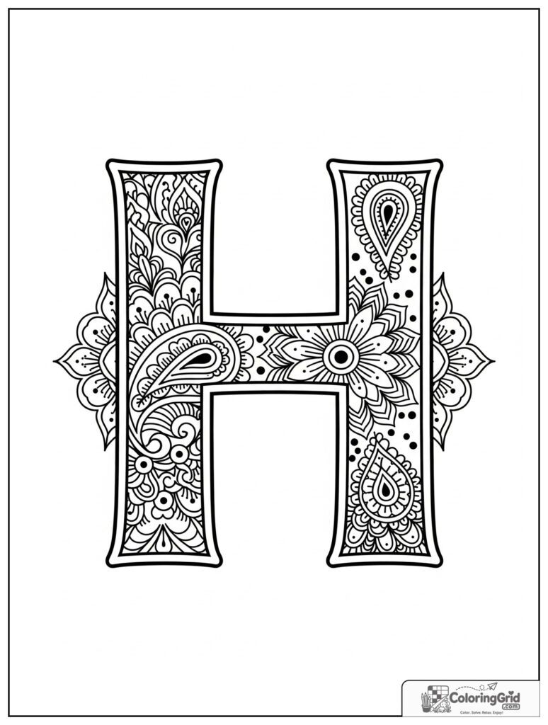 Henna inspired letter H adult alphabet coloring design with mandala details